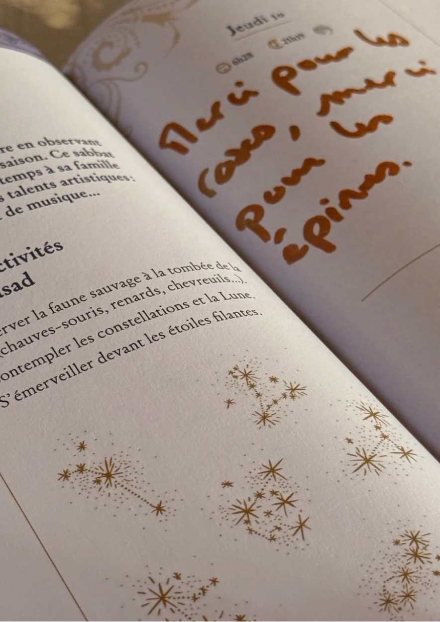 Carnet ouvert avec la phrase « Merci pour les roses, merci pour les épines » écrite à la main, illustrant un moment d’introspection et de gratitude pour Lughnasadh.
